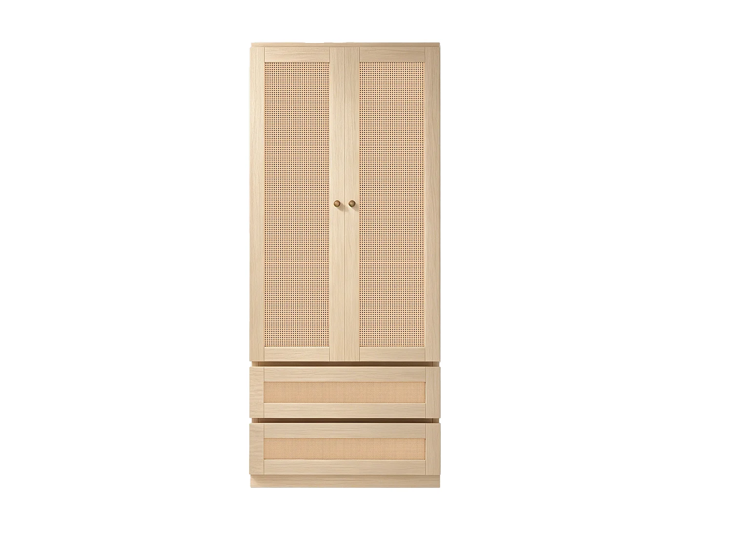 Armoire 2 portes avec 2 tiroirs, étagères et portes effet rotin - Bois, métal, contreplaqué et MDF - 70 x 55 x 170 cm - Naturel