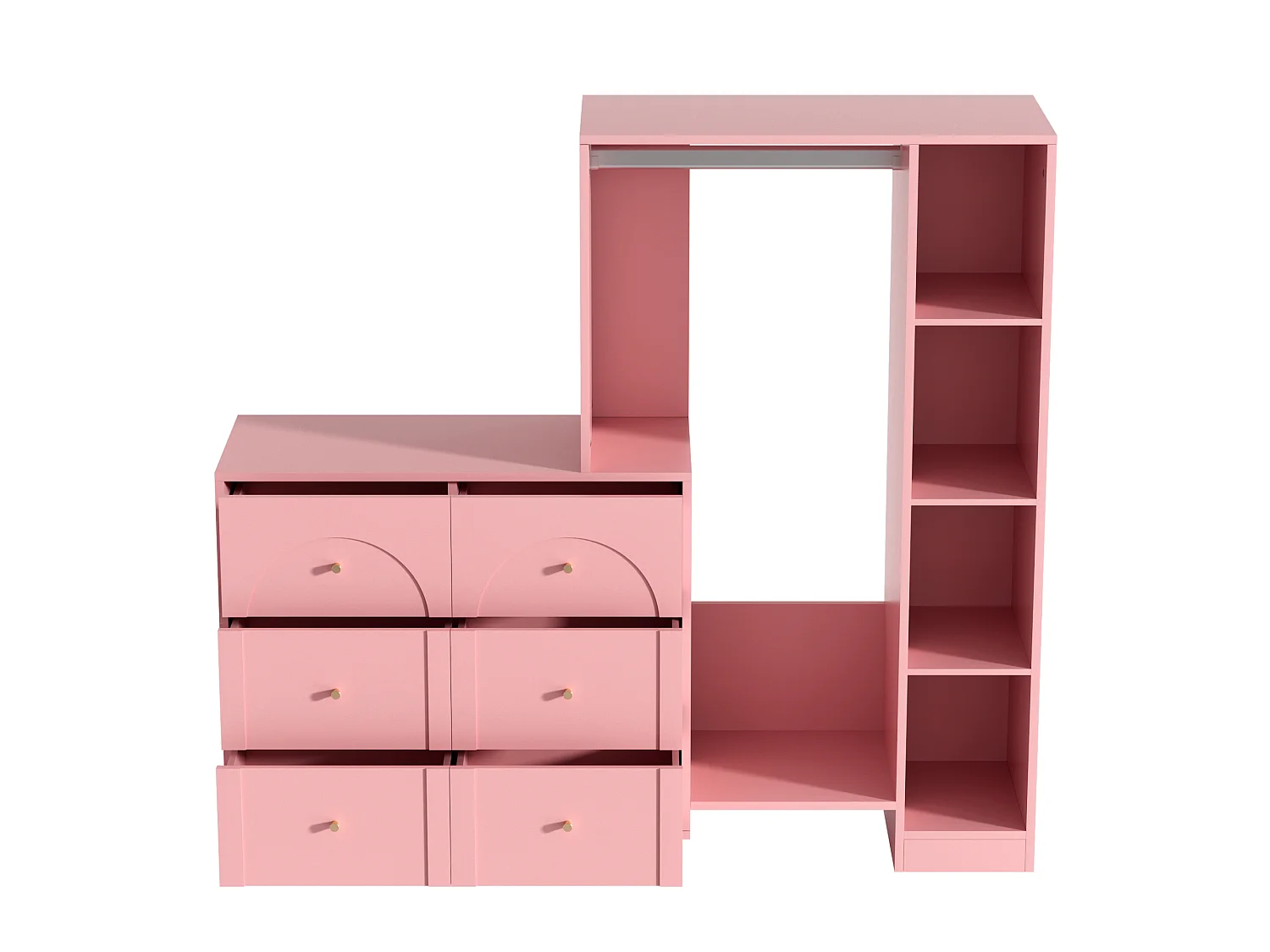Armoire ouvert avec penderie, 6 tiroirs et étagères latérales - Panneaux de particules - 139 x 35 x 133 cm - Rose