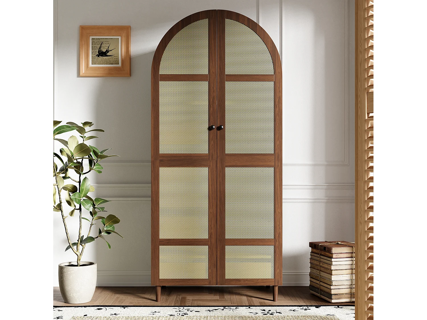 Kledingkast met 2 gebogen deuren, hangruimte, planken en 1 lade - Spaanplaat en MDF - 80 x 50 x 179 cm - Walnoot