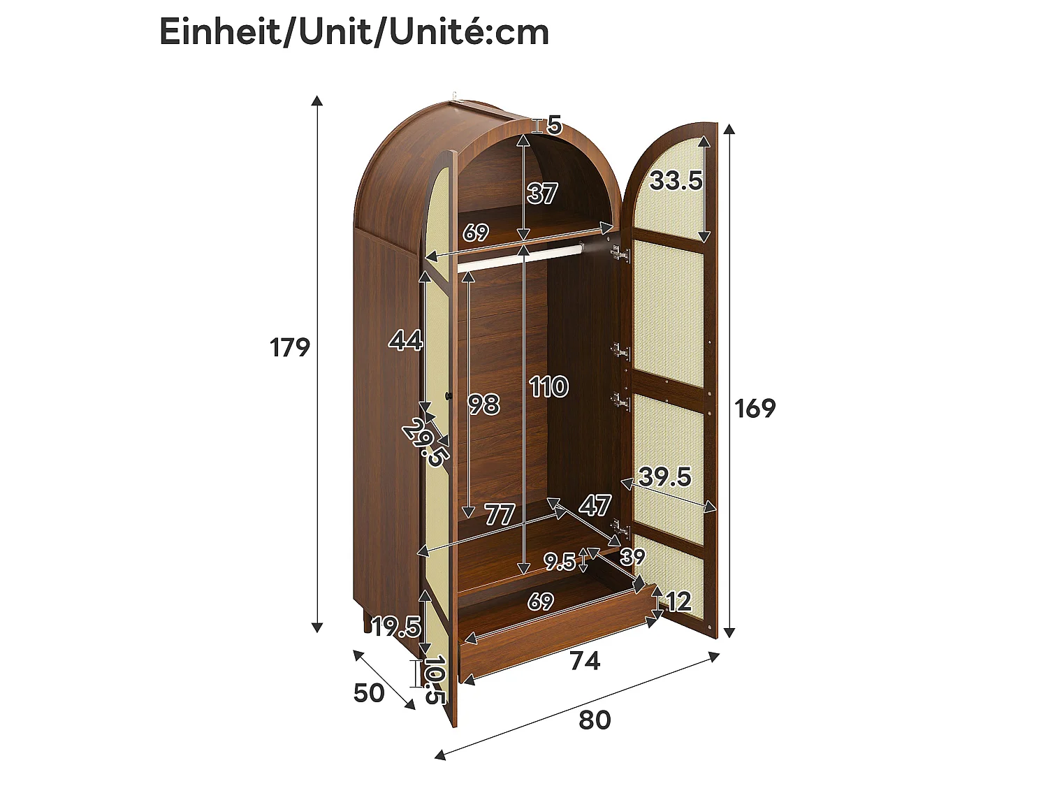 Kledingkast met 2 gebogen deuren, hangruimte, planken en 1 lade - Spaanplaat en MDF - 80 x 50 x 179 cm - Walnoot