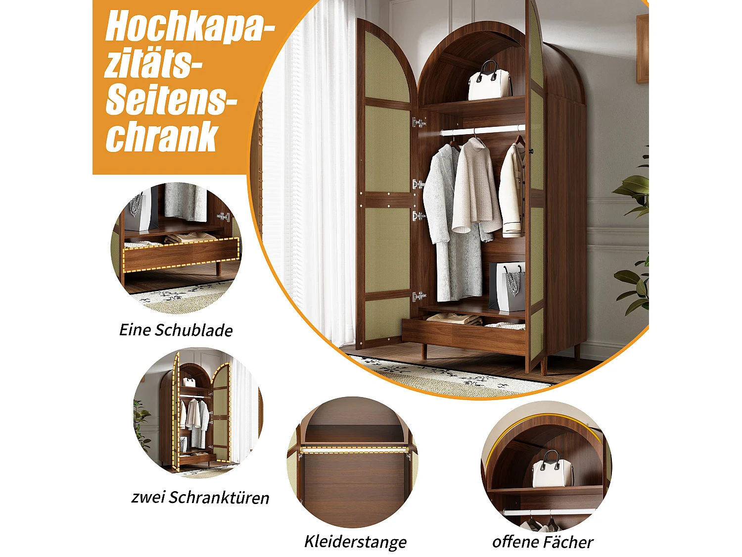 Kledingkast met 2 gebogen deuren, hangruimte, planken en 1 lade - Spaanplaat en MDF - 80 x 50 x 179 cm - Walnoot