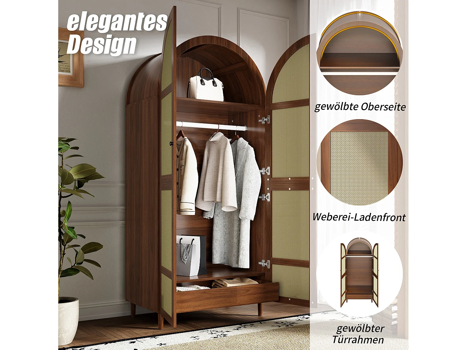 Kledingkast met 2 gebogen deuren, hangruimte, planken en 1 lade - Spaanplaat en MDF - 80 x 50 x 179 cm - Walnoot