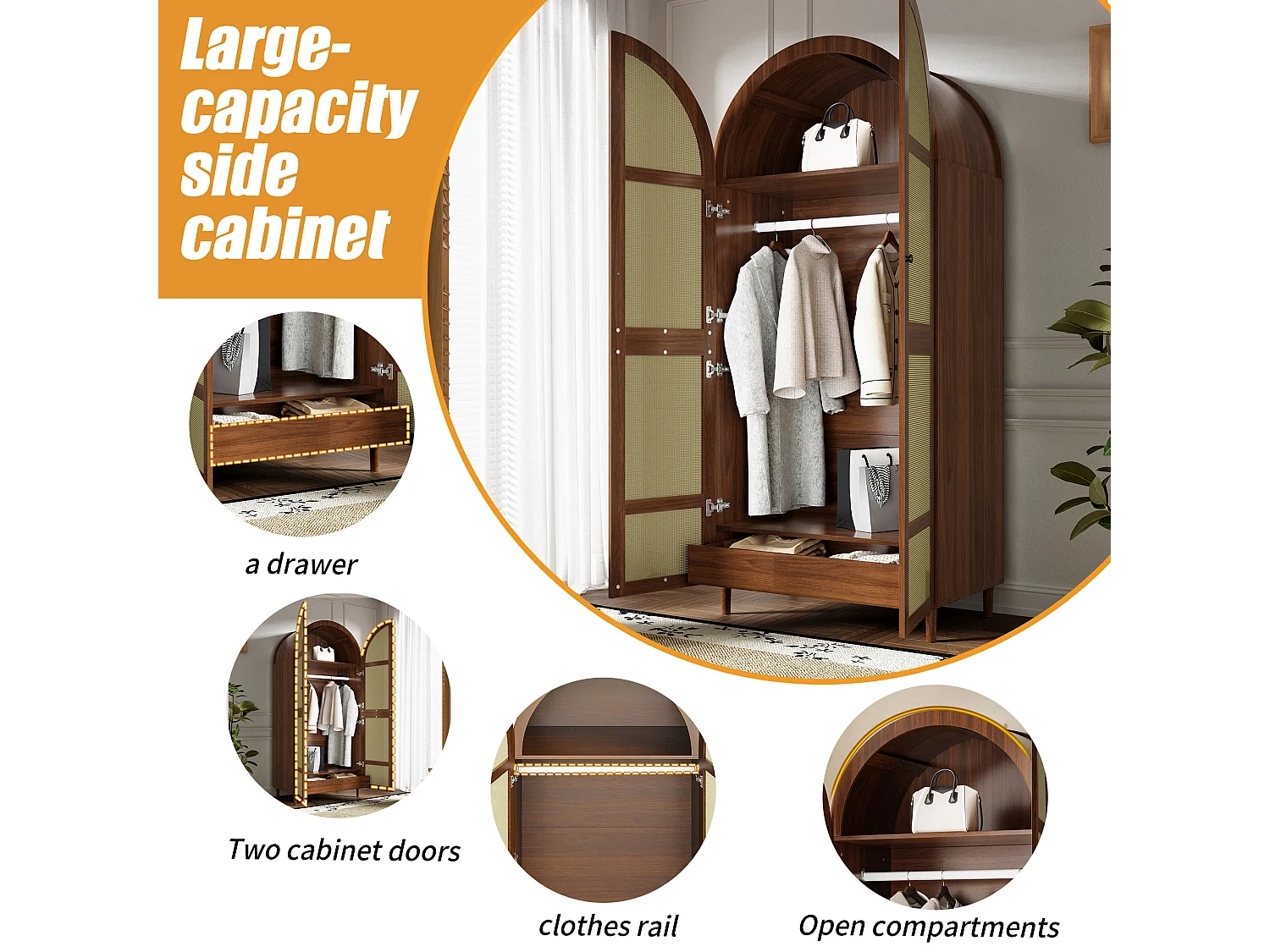 Kledingkast met 2 gebogen deuren, hangruimte, planken en 1 lade - Spaanplaat en MDF - 80 x 50 x 179 cm - Walnoot