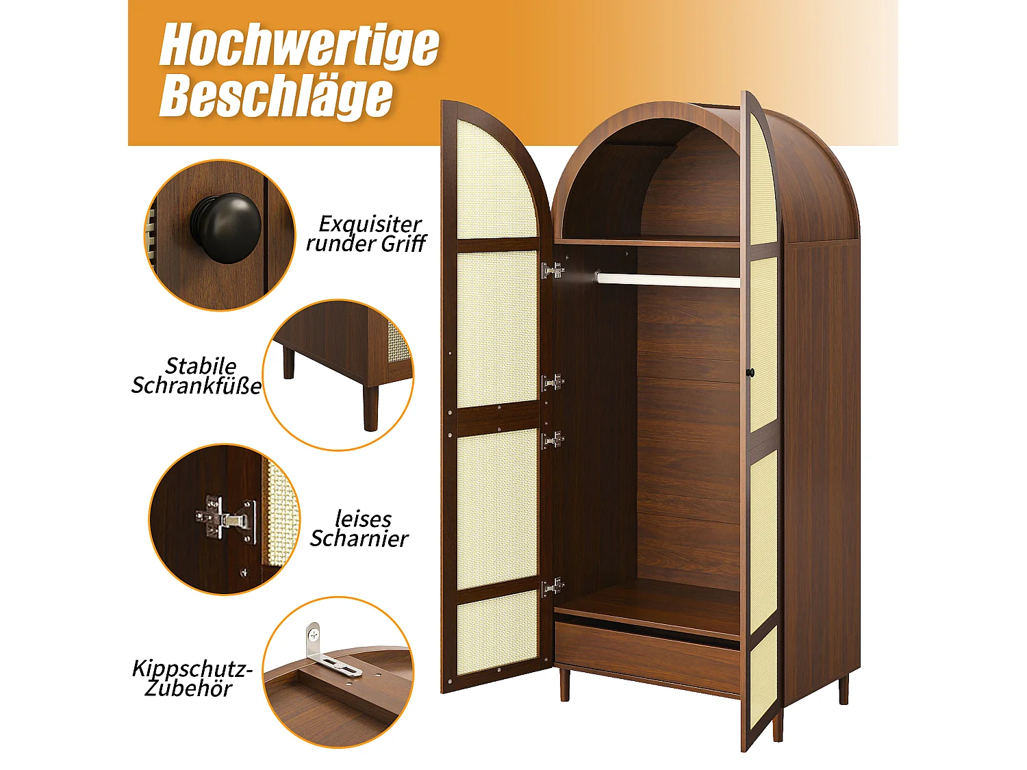 Kledingkast met 2 gebogen deuren, hangruimte, planken en 1 lade - Spaanplaat en MDF - 80 x 50 x 179 cm - Walnoot