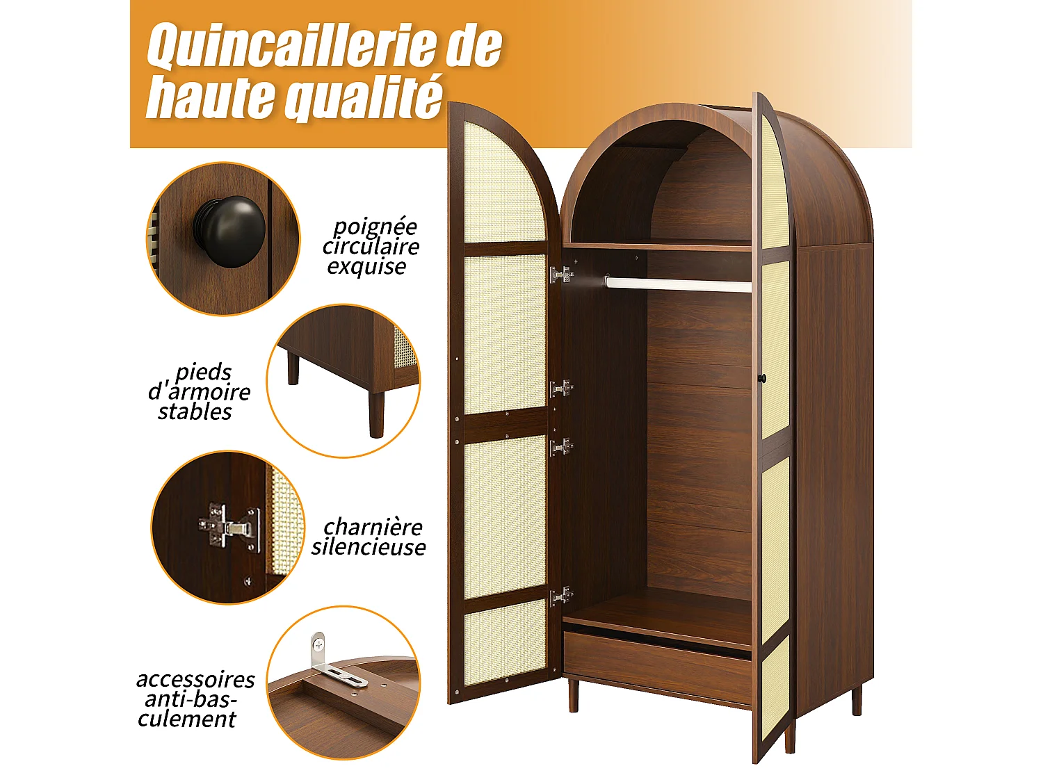 Kledingkast met 2 gebogen deuren, hangruimte, planken en 1 lade - Spaanplaat en MDF - 80 x 50 x 179 cm - Walnoot