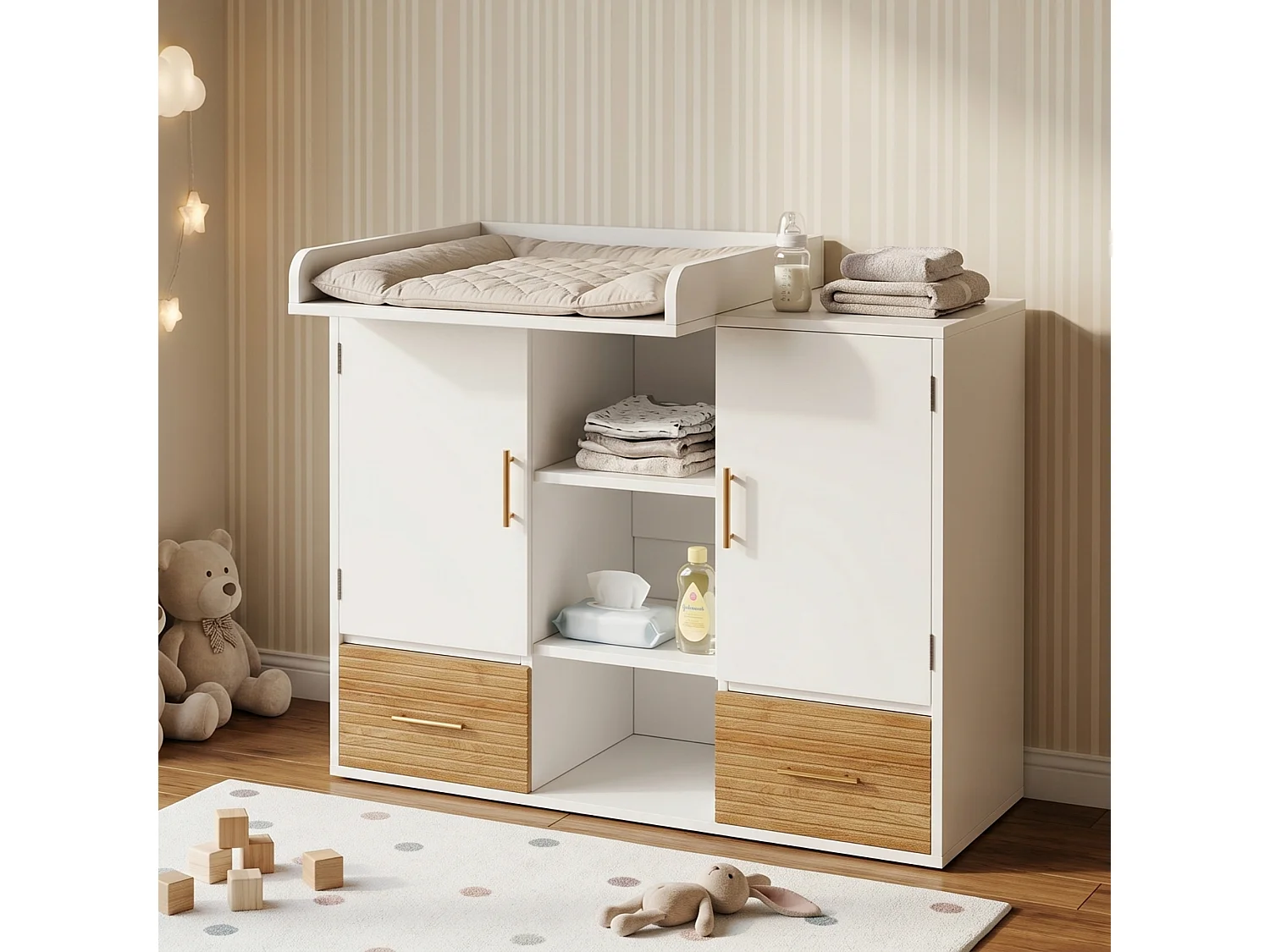 Fasciatoio multifunzionale con ripiani, 2 ante e 2 cassetti - MDF - 114 x 53 x 92 cm - Bianco ed effetto legno