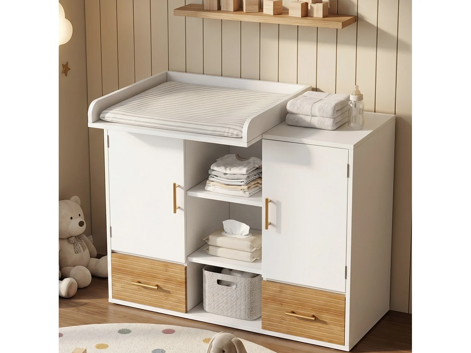 Fasciatoio multifunzionale con ripiani, 2 ante e 2 cassetti - MDF - 114 x 53 x 92 cm - Bianco ed effetto legno