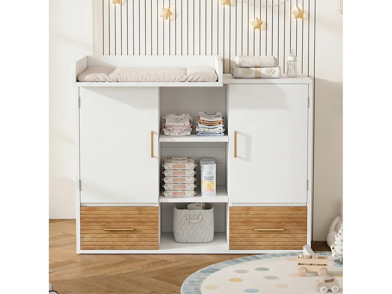 Fasciatoio multifunzionale con ripiani, 2 ante e 2 cassetti - MDF - 114 x 53 x 92 cm - Bianco ed effetto legno