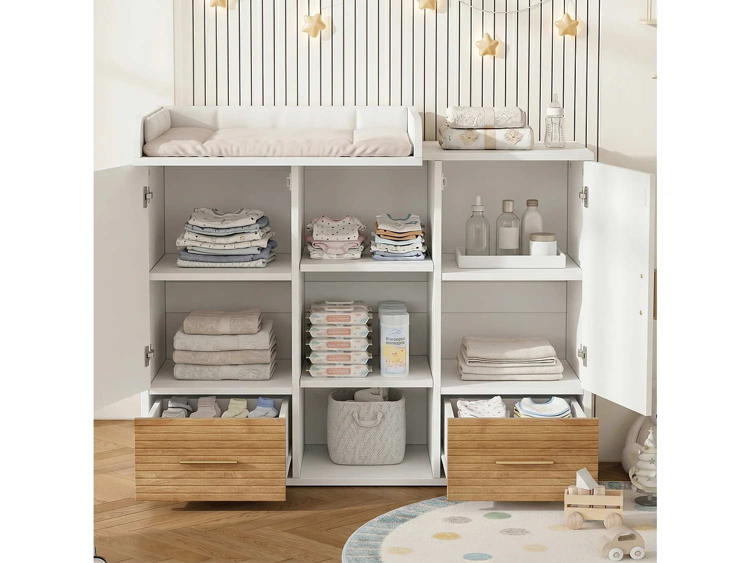 Fasciatoio multifunzionale con ripiani, 2 ante e 2 cassetti - MDF - 114 x 53 x 92 cm - Bianco ed effetto legno