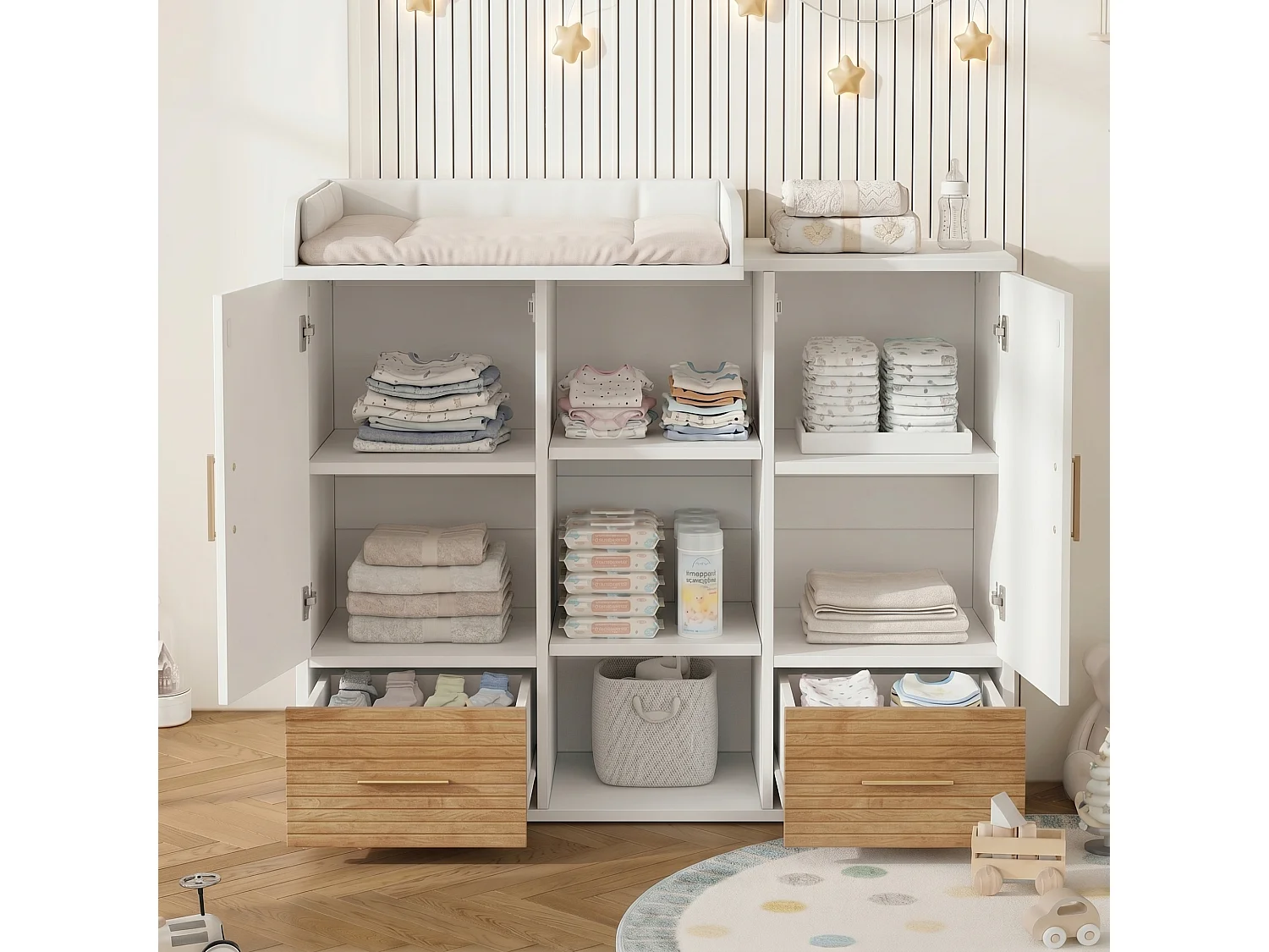 Fasciatoio multifunzionale con ripiani, 2 ante e 2 cassetti - MDF - 114 x 53 x 92 cm - Bianco ed effetto legno