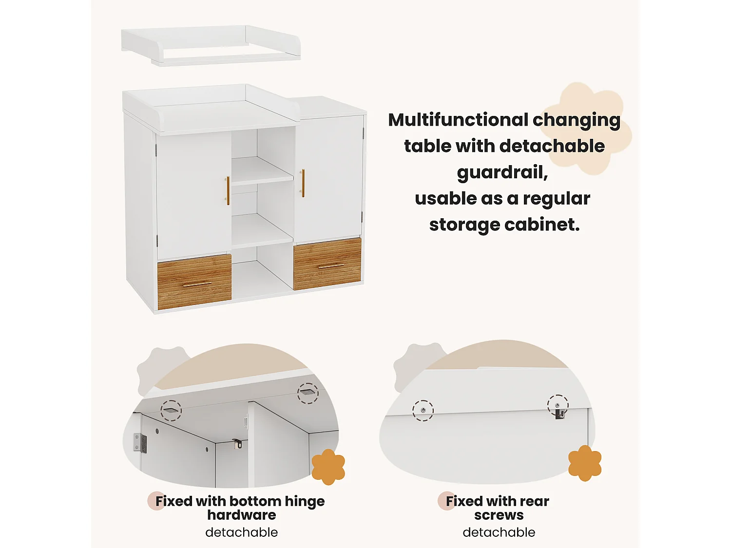 Fasciatoio multifunzionale con ripiani, 2 ante e 2 cassetti - MDF - 114 x 53 x 92 cm - Bianco ed effetto legno