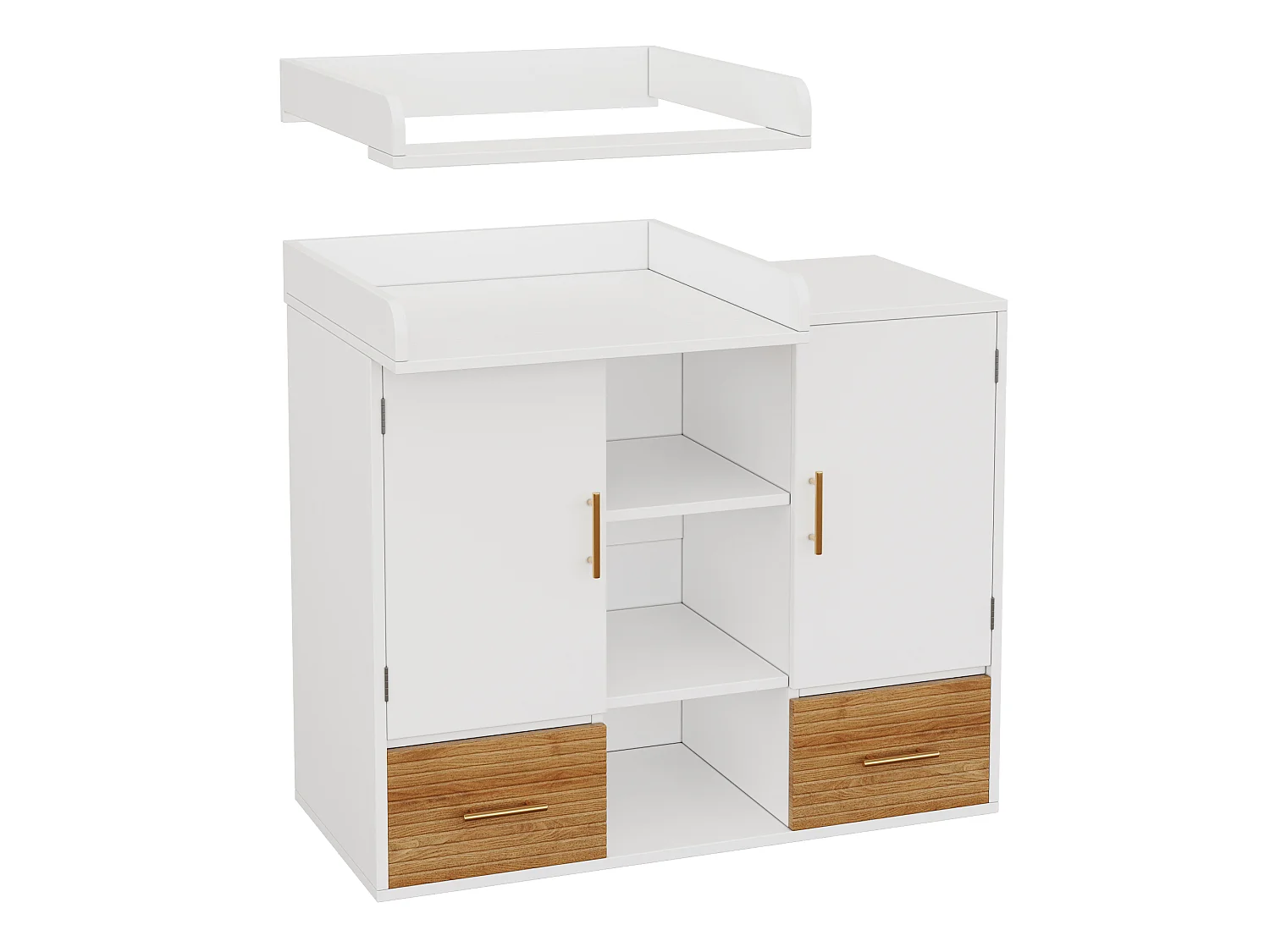 Fasciatoio multifunzionale con ripiani, 2 ante e 2 cassetti - MDF - 114 x 53 x 92 cm - Bianco ed effetto legno