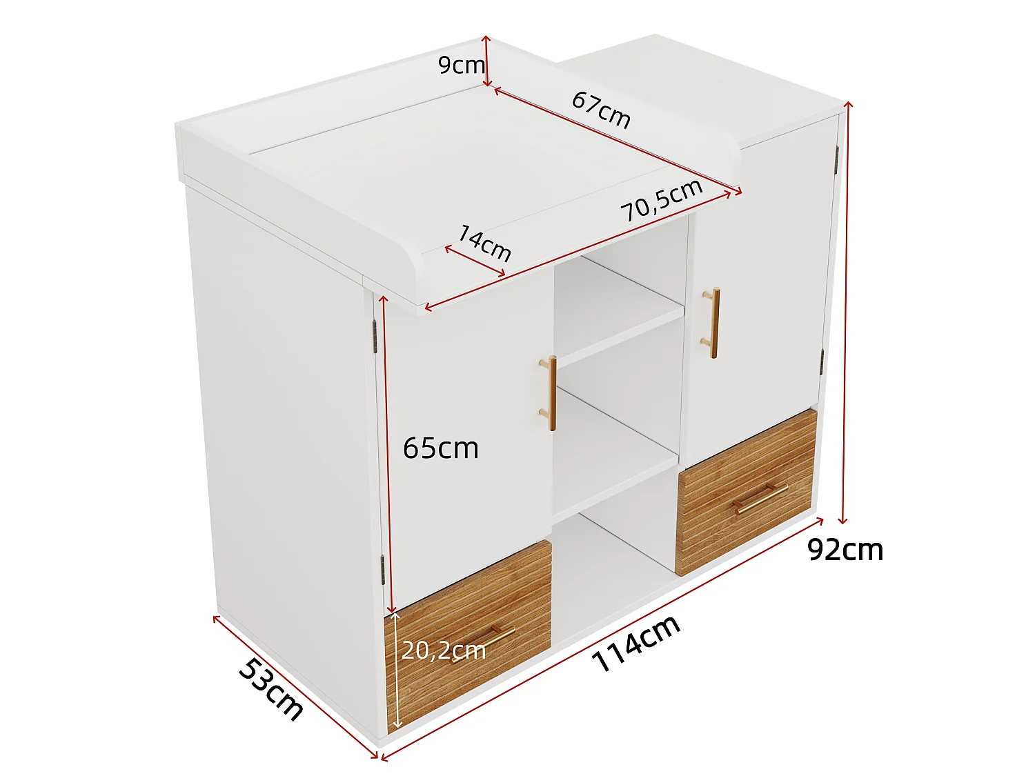Fasciatoio multifunzionale con ripiani, 2 ante e 2 cassetti - MDF - 114 x 53 x 92 cm - Bianco ed effetto legno