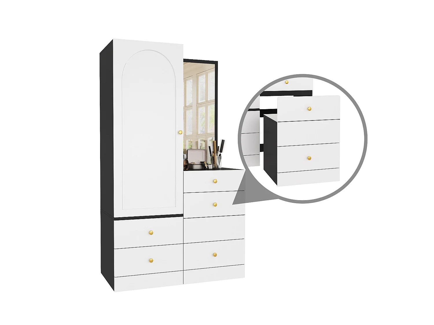 Guarda-roupa com penteadeira, espelho grande, 4 gavetas, 1 porta, cabideiro e banqueta - MDF - 90 x 50,5 x 160 cm - Branco e preto
