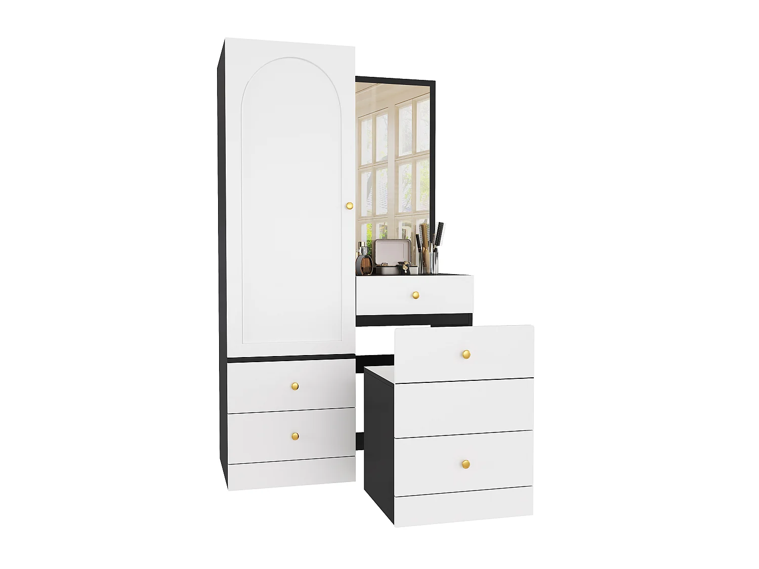 Guarda-roupa com penteadeira, espelho grande, 4 gavetas, 1 porta, cabideiro e banqueta - MDF - 90 x 50,5 x 160 cm - Branco e preto