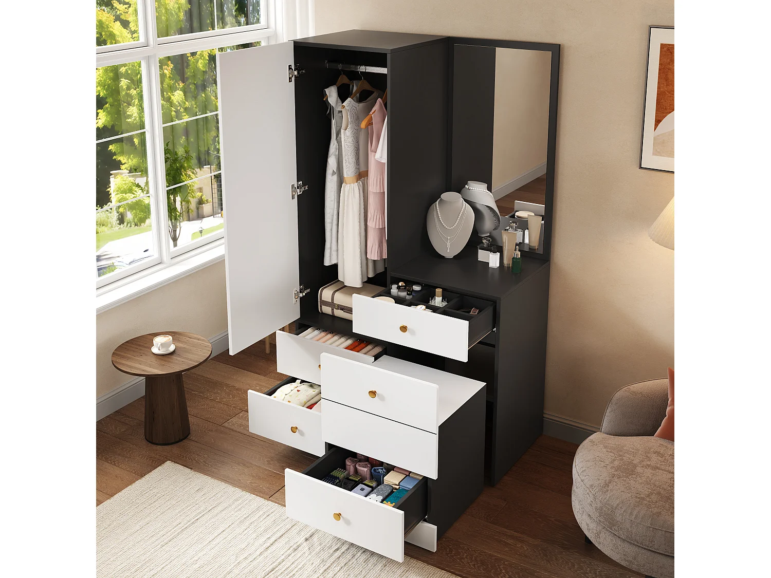 Guarda-roupa com penteadeira, espelho grande, 4 gavetas, 1 porta, cabideiro e banqueta - MDF - 90 x 50,5 x 160 cm - Branco e preto