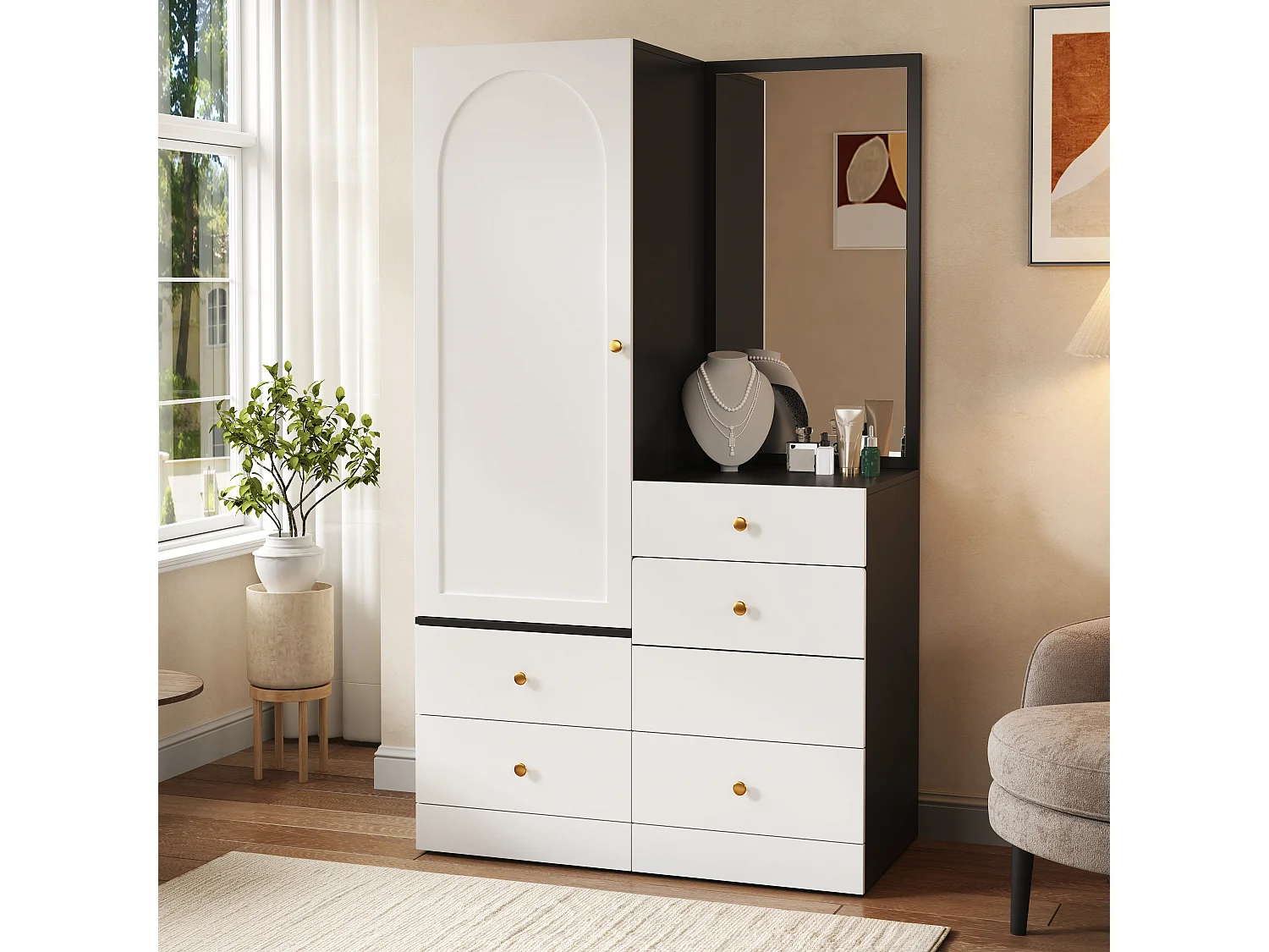 Guarda-roupa com penteadeira, espelho grande, 4 gavetas, 1 porta, cabideiro e banqueta - MDF - 90 x 50,5 x 160 cm - Branco e preto