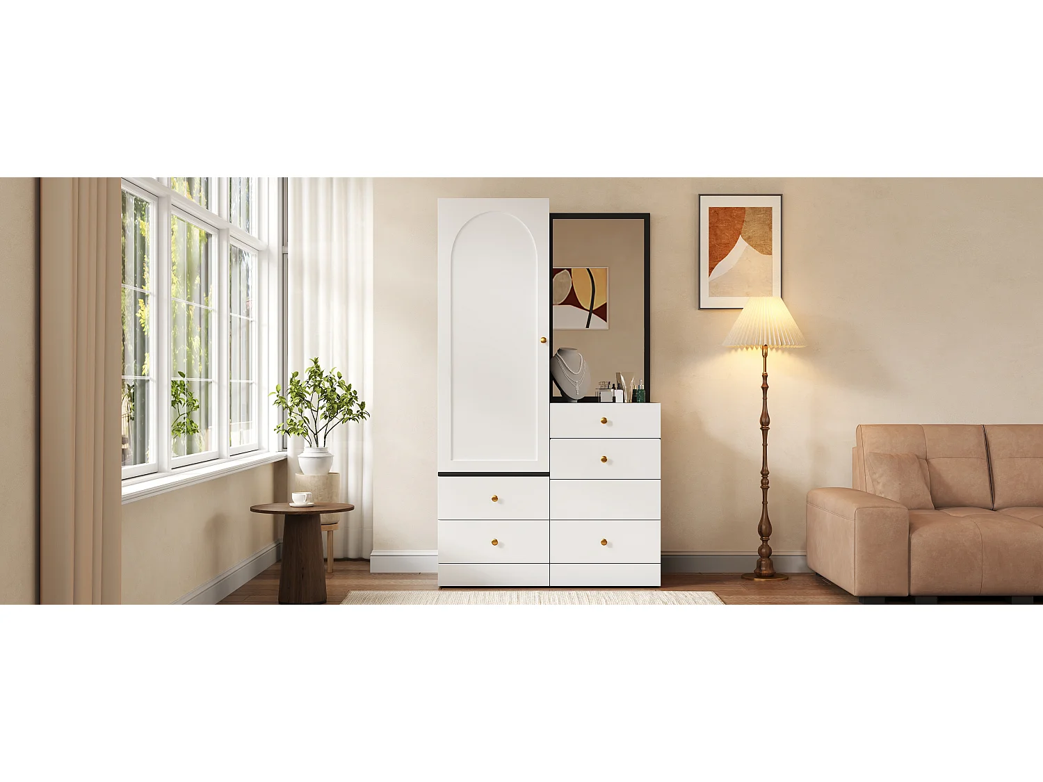 Guarda-roupa com penteadeira, espelho grande, 4 gavetas, 1 porta, cabideiro e banqueta - MDF - 90 x 50,5 x 160 cm - Branco e preto