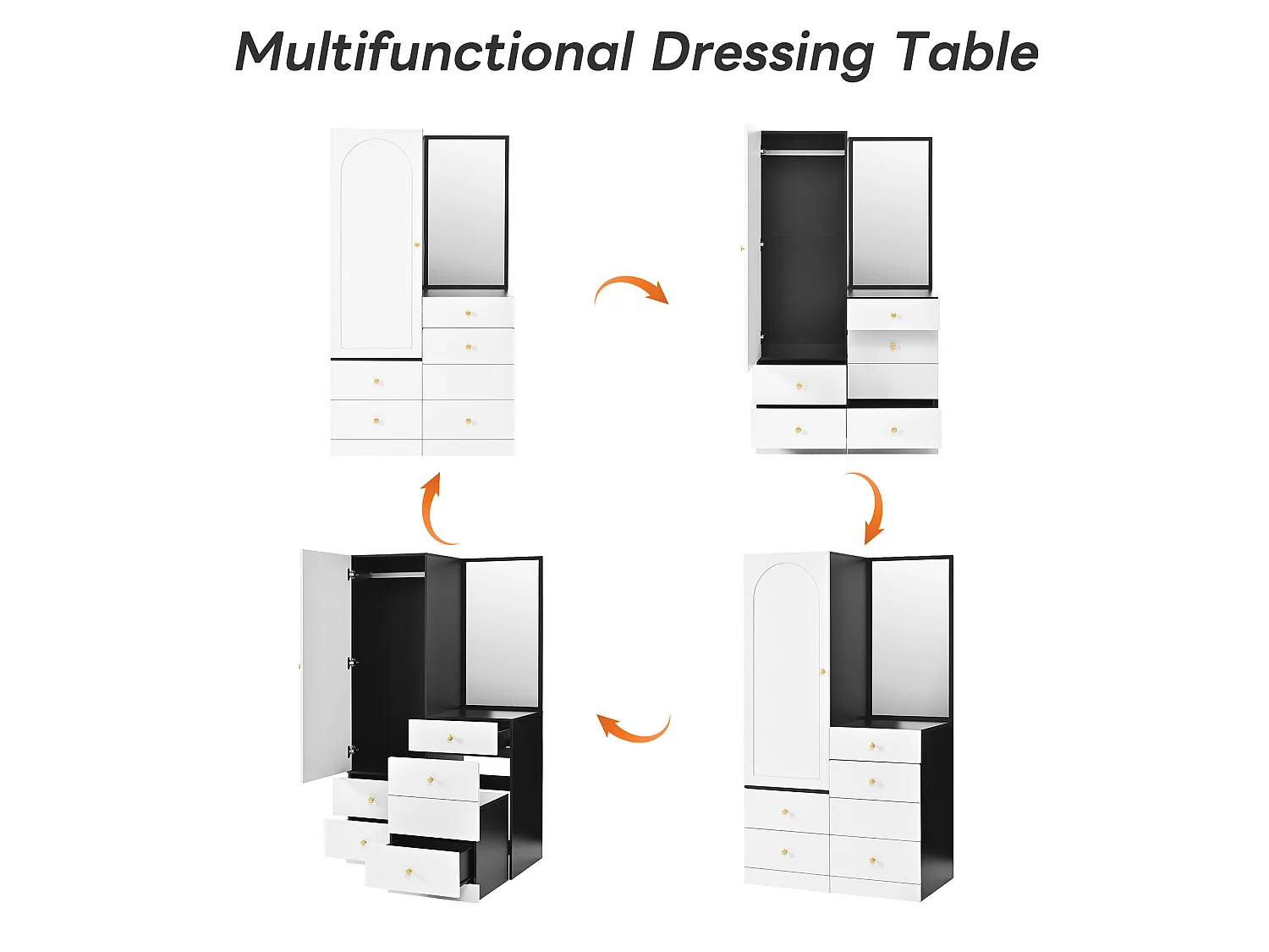 Guarda-roupa com penteadeira, espelho grande, 4 gavetas, 1 porta, cabideiro e banqueta - MDF - 90 x 50,5 x 160 cm - Branco e preto