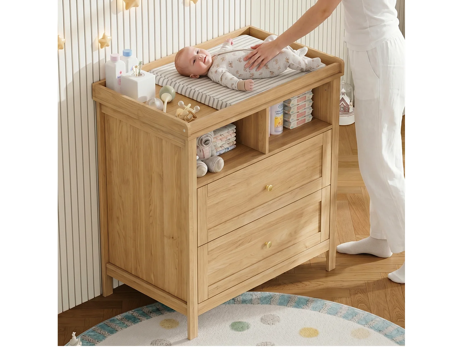 Fasciatoio con 2 cassetti e 2 vani a giorno - 82 x 50 x 90 cm - Piano fasciatoio removibile - MDF - Legno naturale
