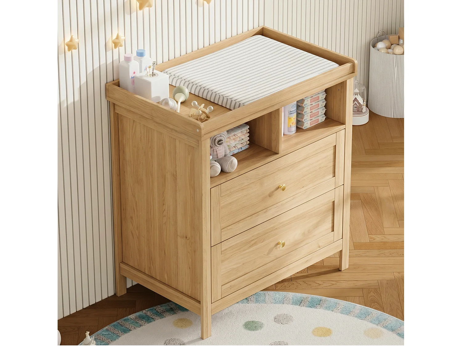 Fasciatoio con 2 cassetti e 2 vani a giorno - 82 x 50 x 90 cm - Piano fasciatoio removibile - MDF - Legno naturale