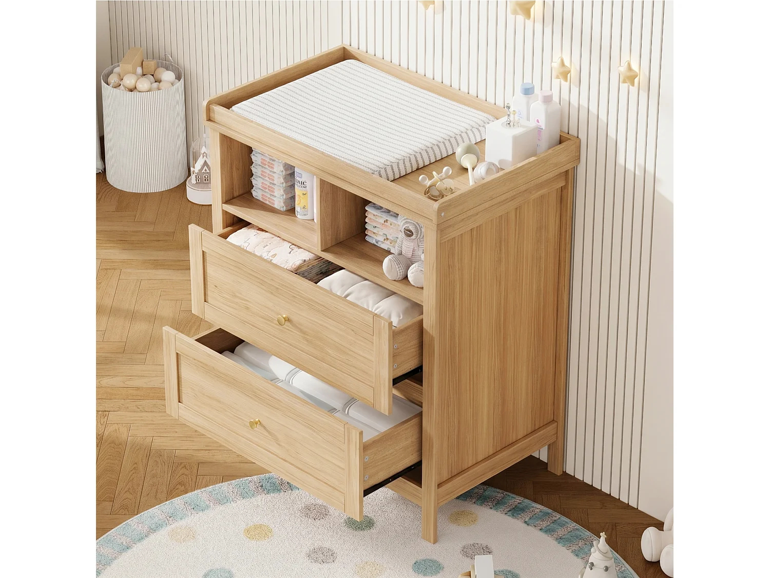 Fasciatoio con 2 cassetti e 2 vani a giorno - 82 x 50 x 90 cm - Piano fasciatoio removibile - MDF - Legno naturale