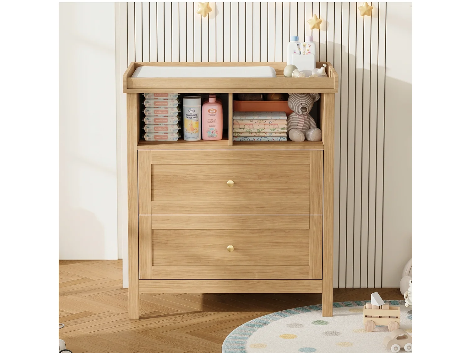 Fasciatoio con 2 cassetti e 2 vani a giorno - 82 x 50 x 90 cm - Piano fasciatoio removibile - MDF - Legno naturale