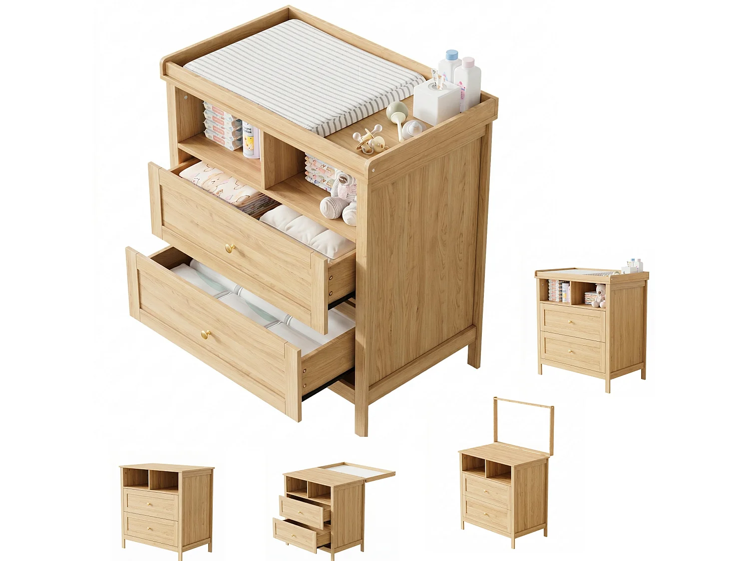Fasciatoio con 2 cassetti e 2 vani a giorno - 82 x 50 x 90 cm - Piano fasciatoio removibile - MDF - Legno naturale