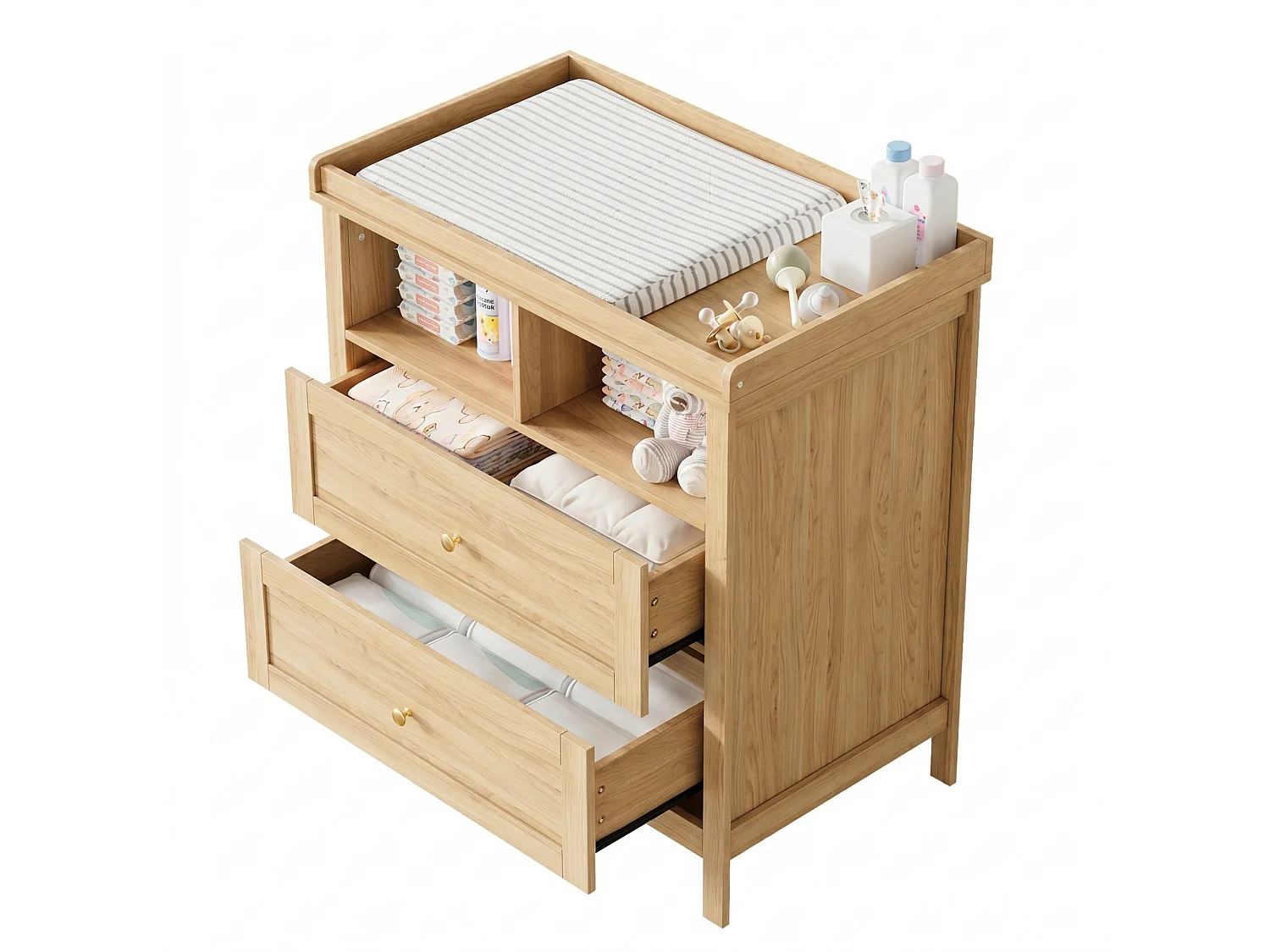 Fasciatoio con 2 cassetti e 2 vani a giorno - 82 x 50 x 90 cm - Piano fasciatoio removibile - MDF - Legno naturale