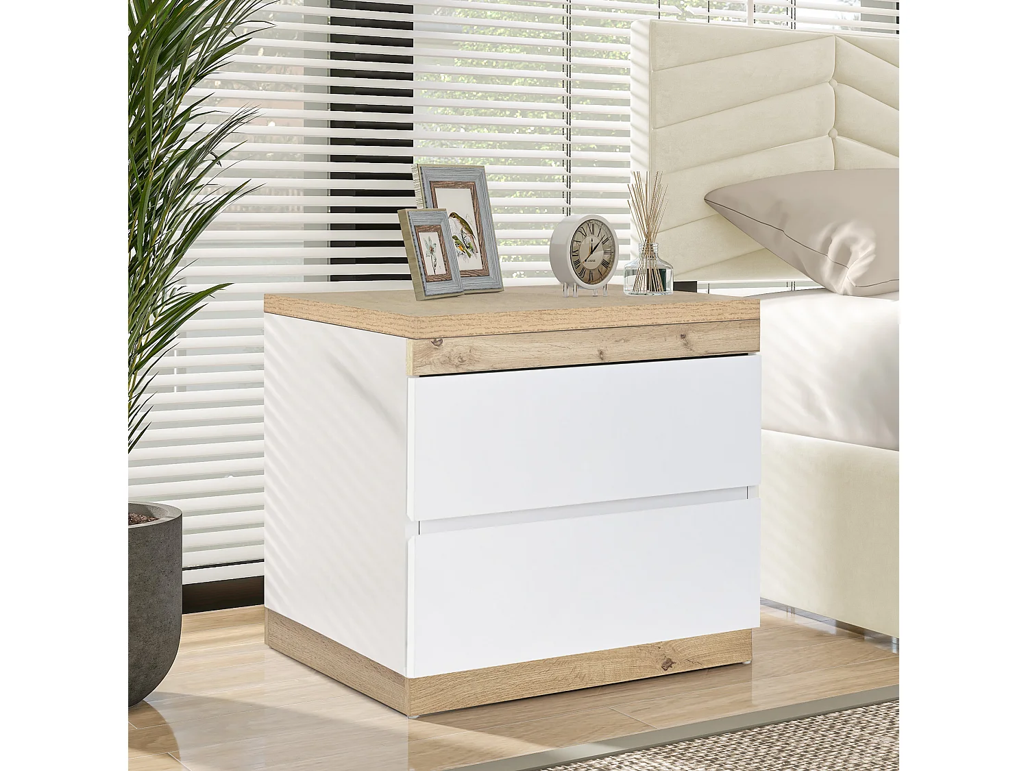 Nachttisch mit 2 Schubladen – 55 x 40 x 55 cm – E1-Spanplatte – Weiß + Eiche