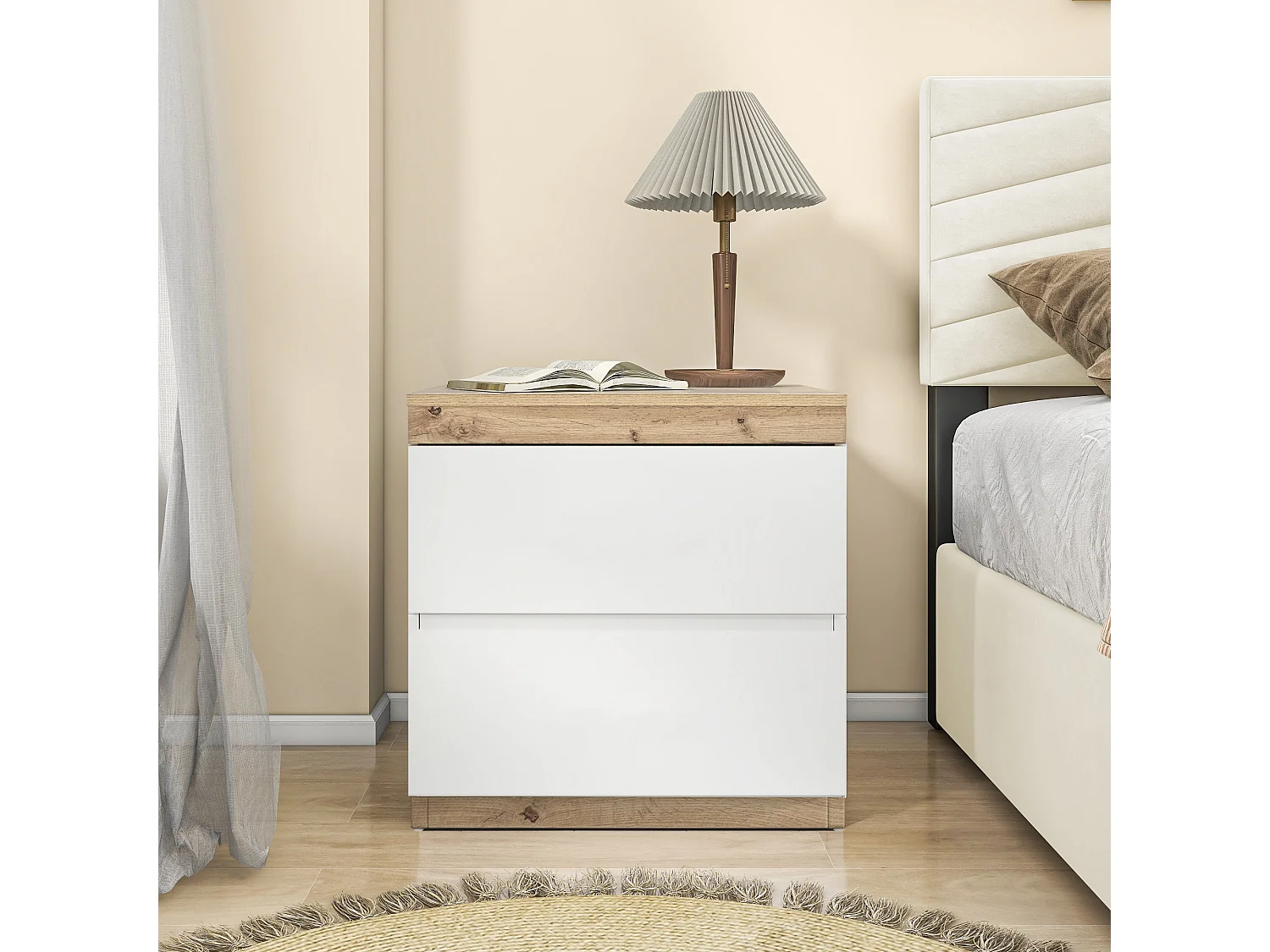 Nachttisch mit 2 Schubladen – 55 x 40 x 55 cm – E1-Spanplatte – Weiß + Eiche