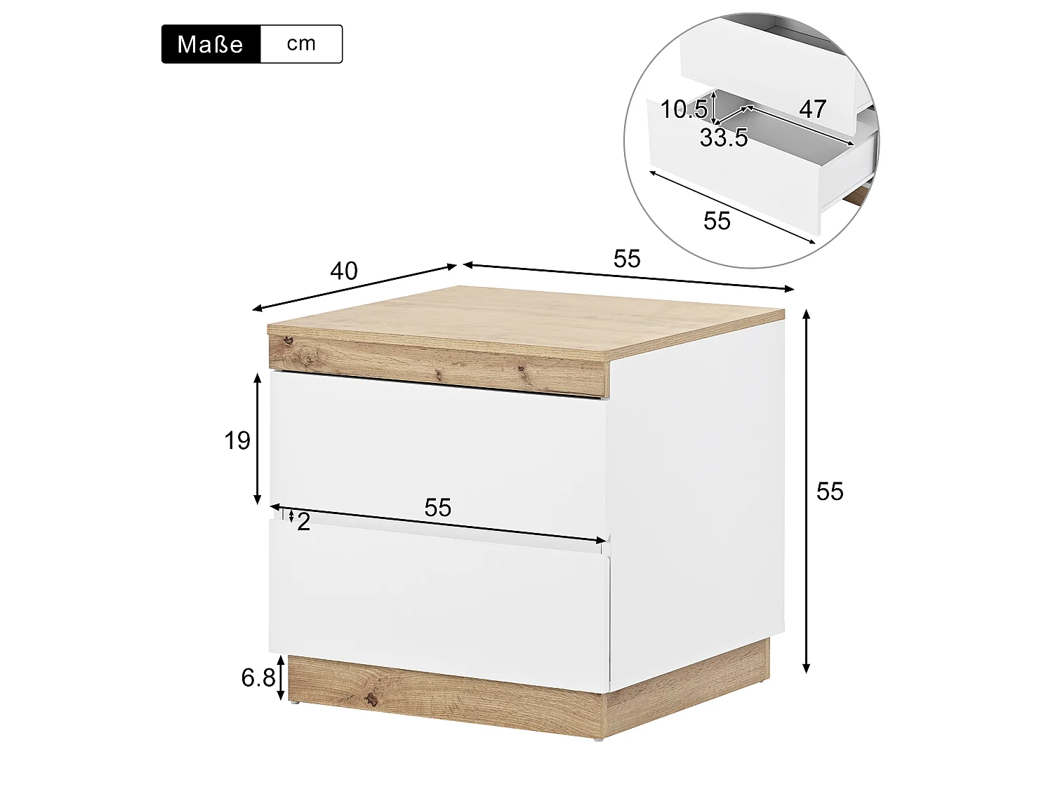 Nachttisch mit 2 Schubladen – 55 x 40 x 55 cm – E1-Spanplatte – Weiß + Eiche