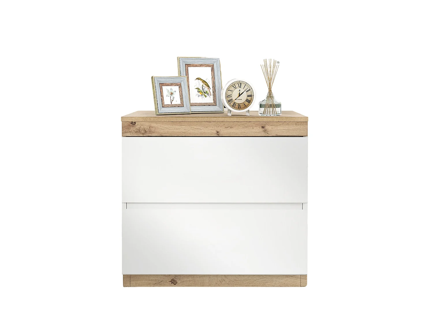 Nachttisch mit 2 Schubladen – 55 x 40 x 55 cm – E1-Spanplatte – Weiß + Eiche