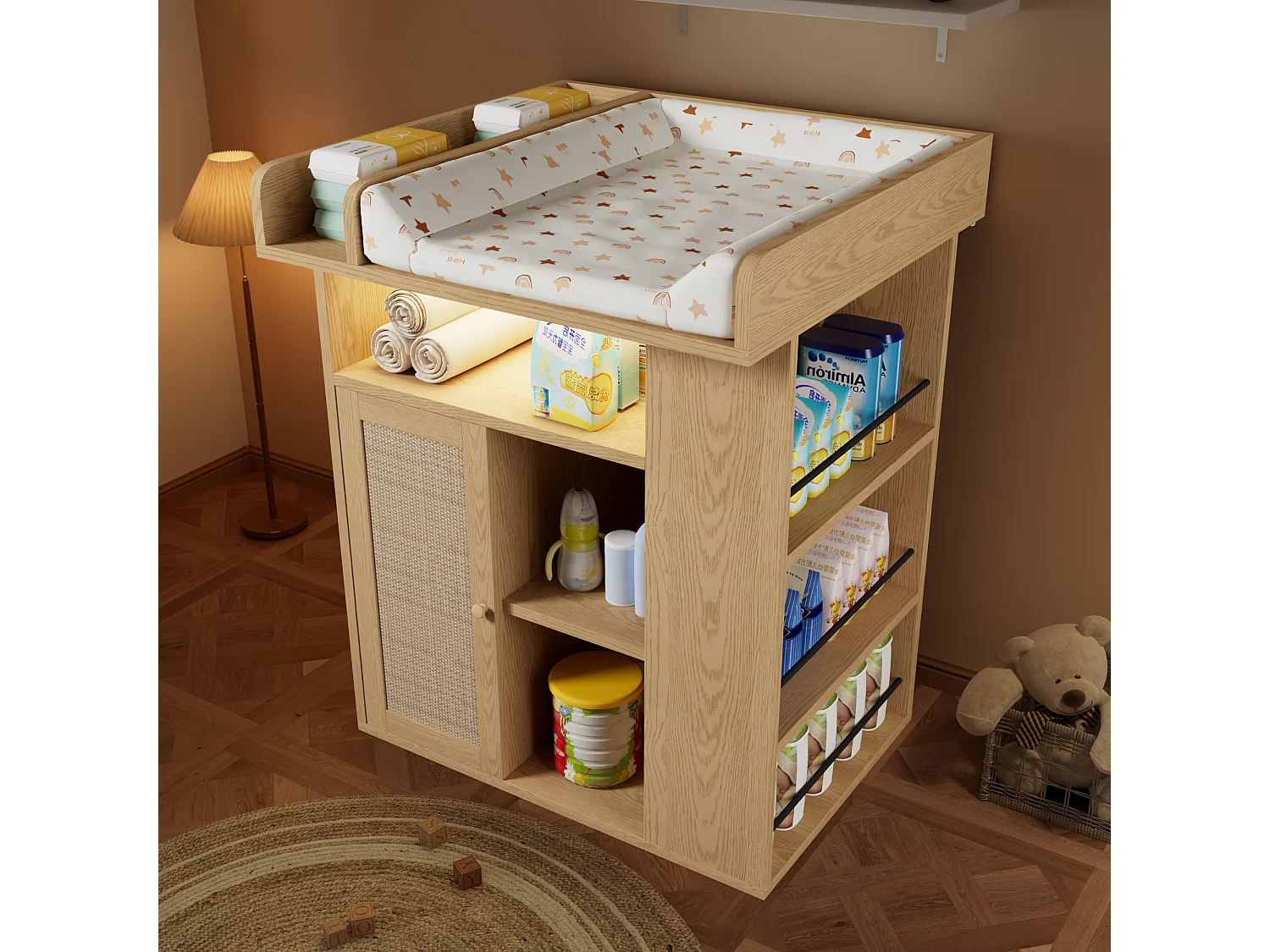Changing table with 1 door and 3 shelves - Integrated LED lighting - 80 x 75 x 100 cm - MDF and particleboard - Natural