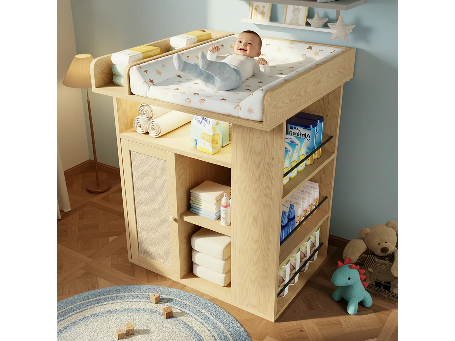 Changing table with 1 door and 3 shelves - Integrated LED lighting - 80 x 75 x 100 cm - MDF and particleboard - Natural