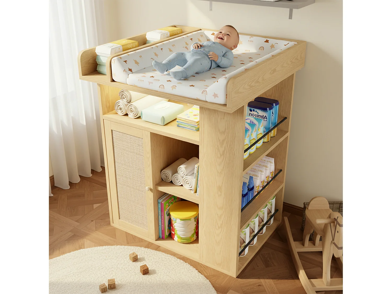 Changing table with 1 door and 3 shelves - Integrated LED lighting - 80 x 75 x 100 cm - MDF and particleboard - Natural