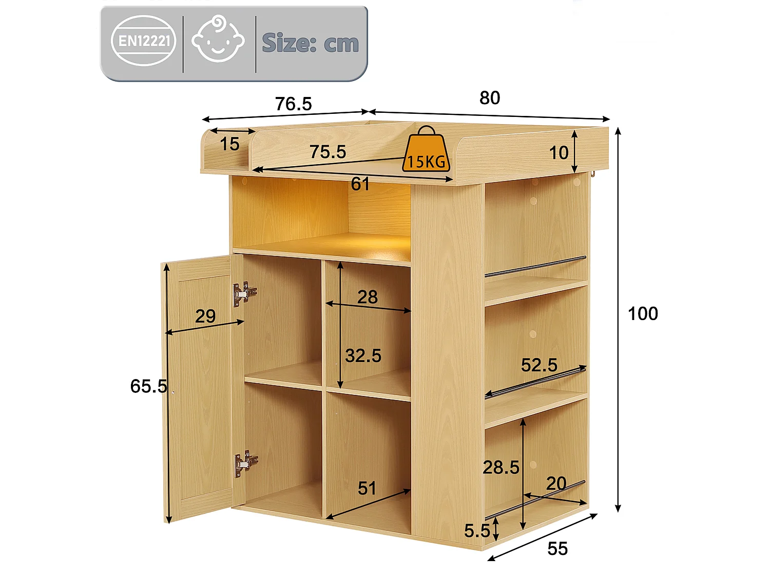 Changing table with 1 door and 3 shelves - Integrated LED lighting - 80 x 75 x 100 cm - MDF and particleboard - Natural