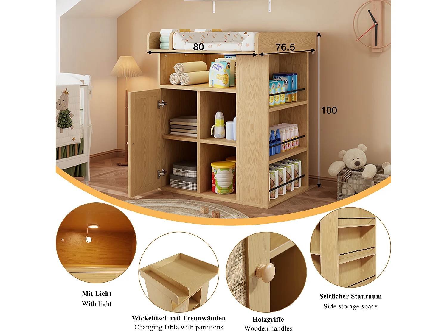 Changing table with 1 door and 3 shelves - Integrated LED lighting - 80 x 75 x 100 cm - MDF and particleboard - Natural