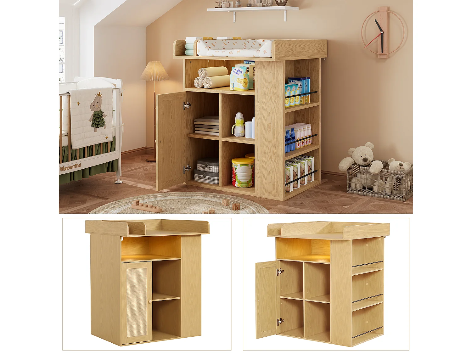 Changing table with 1 door and 3 shelves - Integrated LED lighting - 80 x 75 x 100 cm - MDF and particleboard - Natural