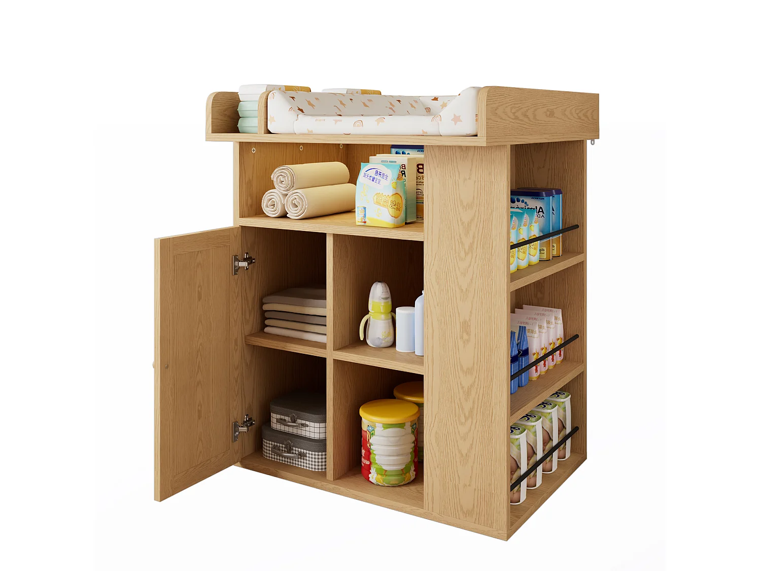 Changing table with 1 door and 3 shelves - Integrated LED lighting - 80 x 75 x 100 cm - MDF and particleboard - Natural