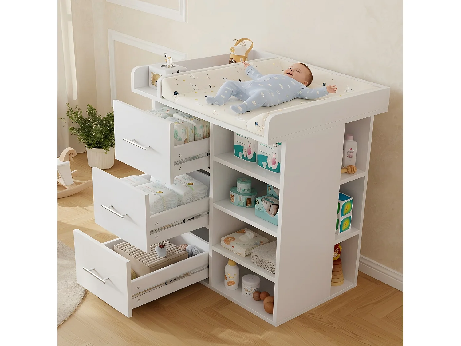 Changing table with 3 drawers and 4 shelves - 80 x 75 x 100 cm - MDF and particleboard - White