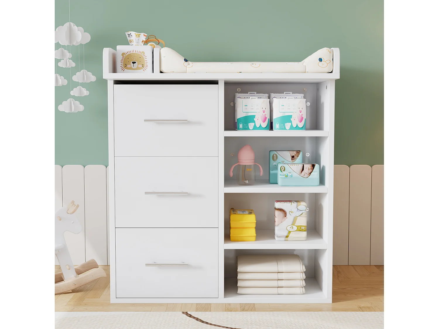 Changing table with 3 drawers and 4 shelves - 80 x 75 x 100 cm - MDF and particleboard - White