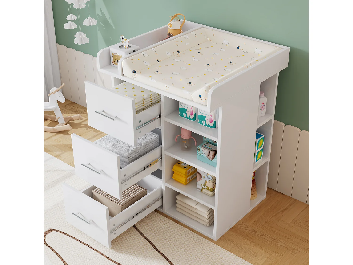 Changing table with 3 drawers and 4 shelves - 80 x 75 x 100 cm - MDF and particleboard - White