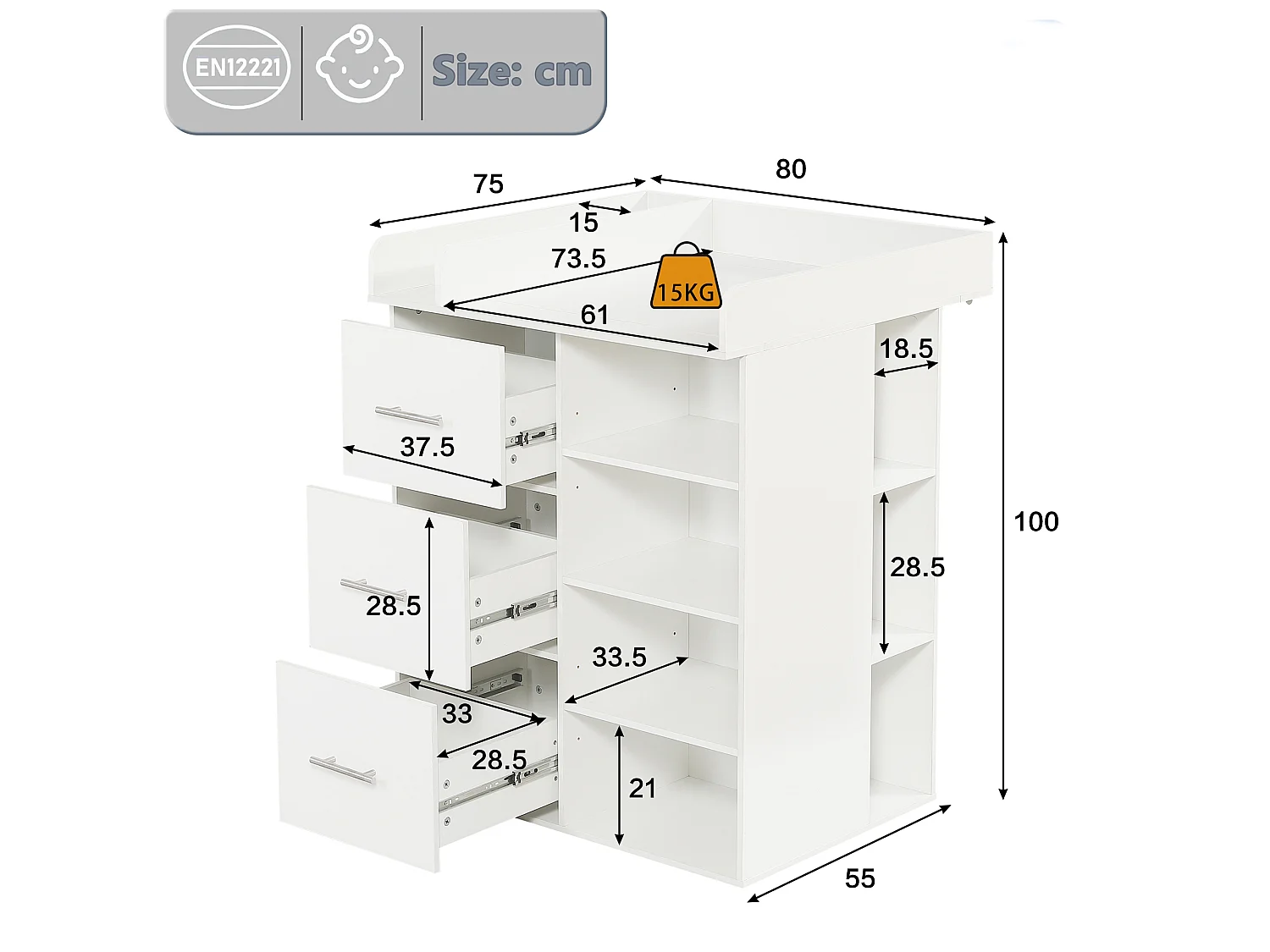 Changing table with 3 drawers and 4 shelves - 80 x 75 x 100 cm - MDF and particleboard - White