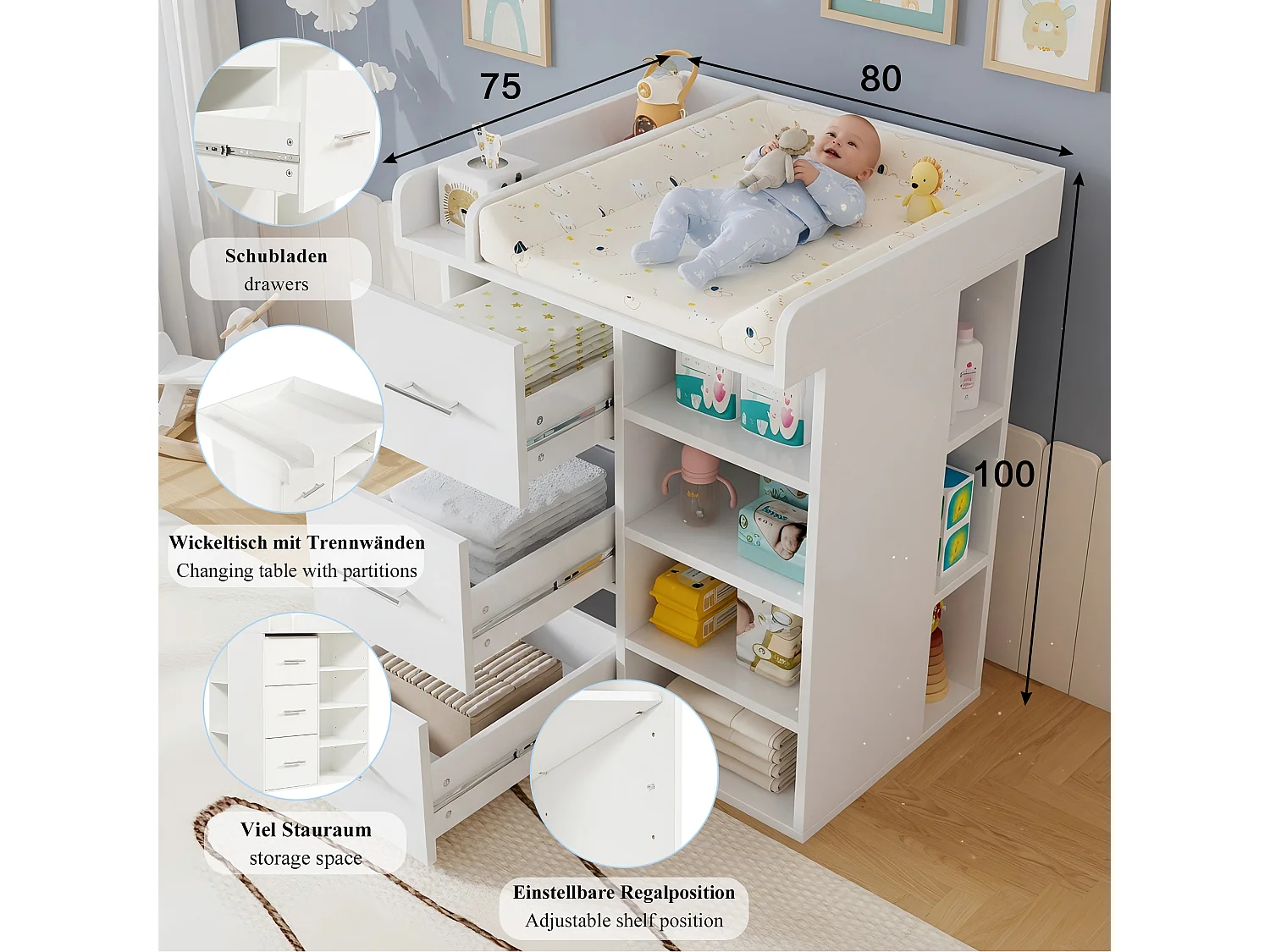 Changing table with 3 drawers and 4 shelves - 80 x 75 x 100 cm - MDF and particleboard - White