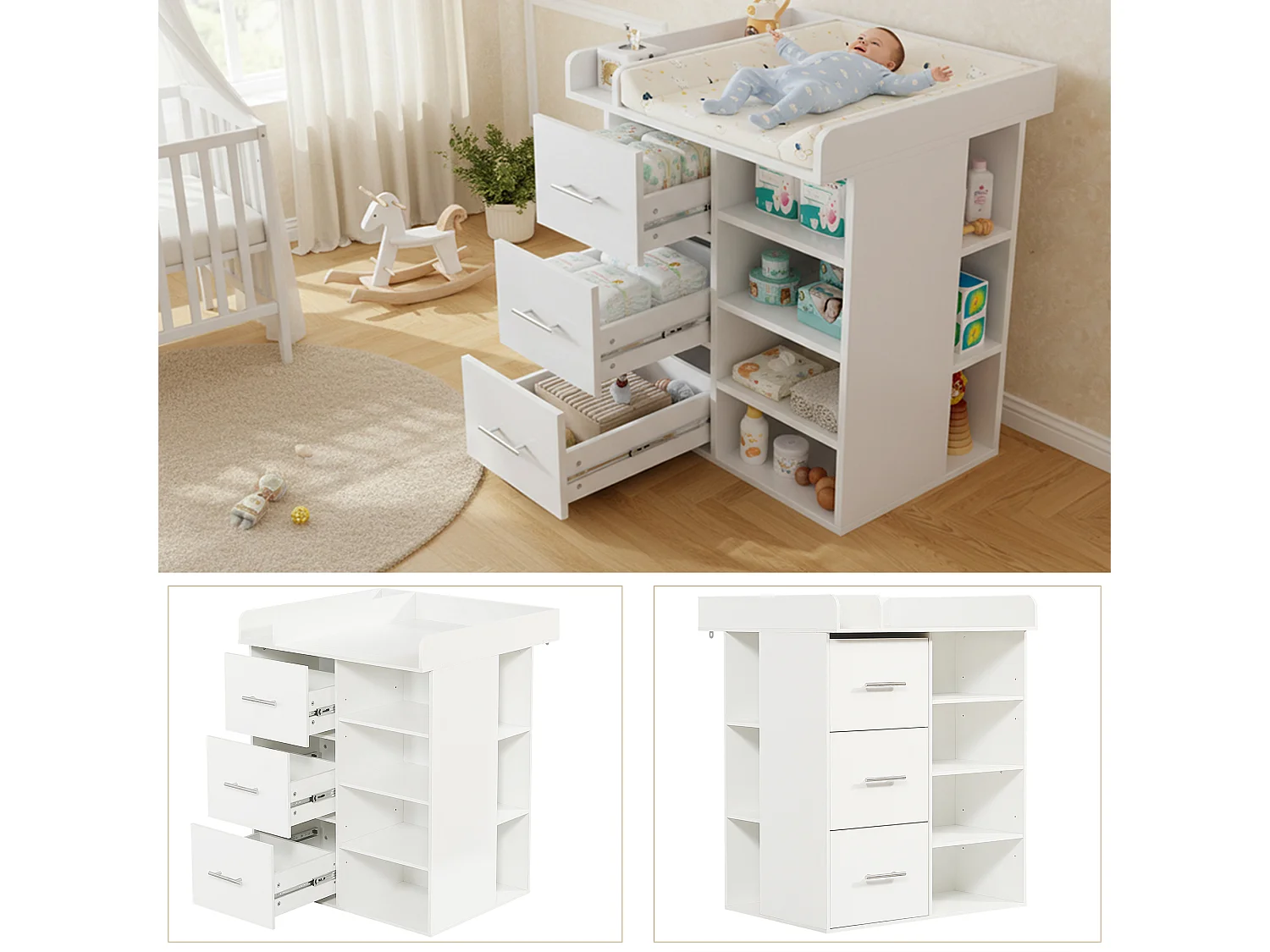 Changing table with 3 drawers and 4 shelves - 80 x 75 x 100 cm - MDF and particleboard - White