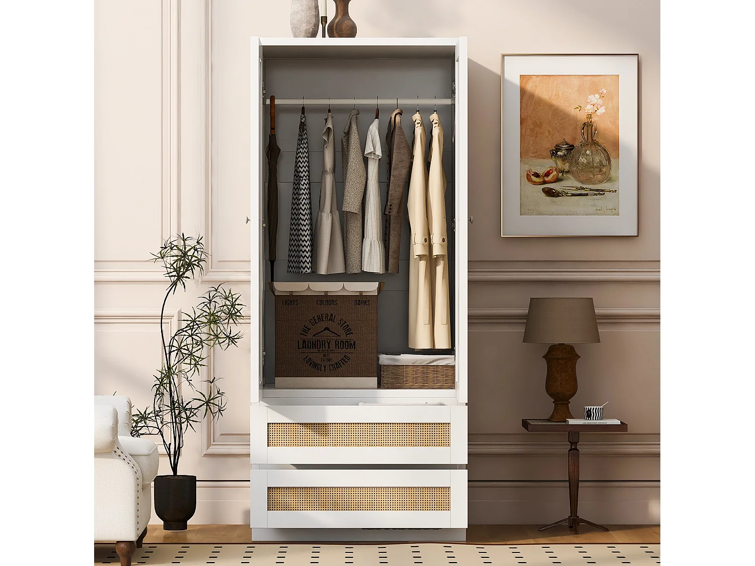 Guarda-roupa de 2 portas com 2 gavetas, prateleiras e portas com efeito de rattan - Madeira, metal, contraplacado e MDF - 70 x 55 x 170 cm - Branco