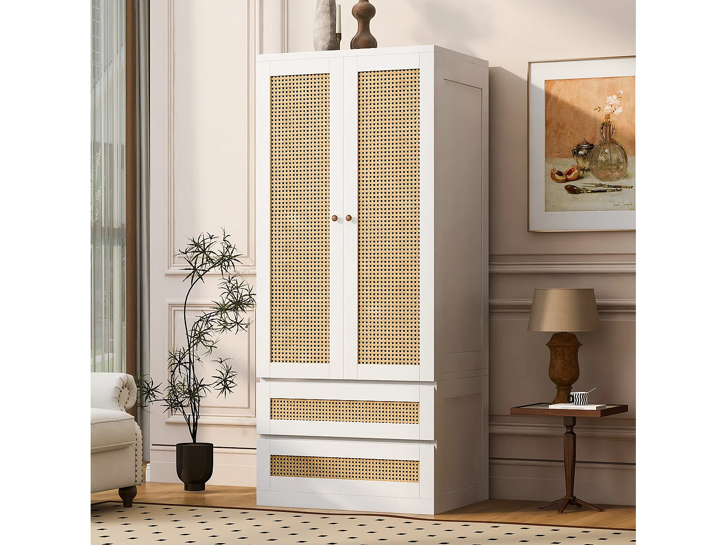 Guarda-roupa de 2 portas com 2 gavetas, prateleiras e portas com efeito de rattan - Madeira, metal, contraplacado e MDF - 70 x 55 x 170 cm - Branco
