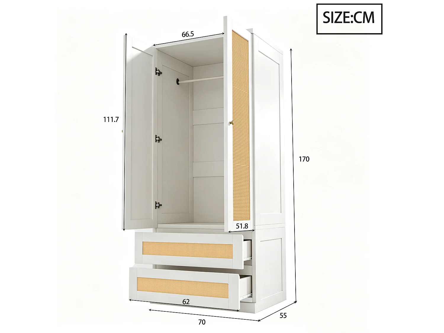 Guarda-roupa de 2 portas com 2 gavetas, prateleiras e portas com efeito de rattan - Madeira, metal, contraplacado e MDF - 70 x 55 x 170 cm - Branco