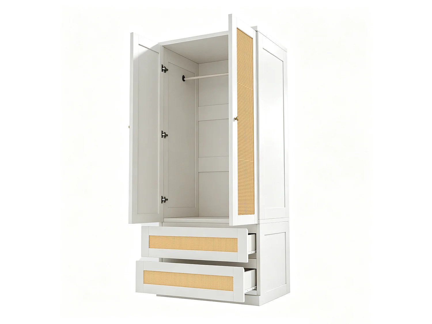 Guarda-roupa de 2 portas com 2 gavetas, prateleiras e portas com efeito de rattan - Madeira, metal, contraplacado e MDF - 70 x 55 x 170 cm - Branco